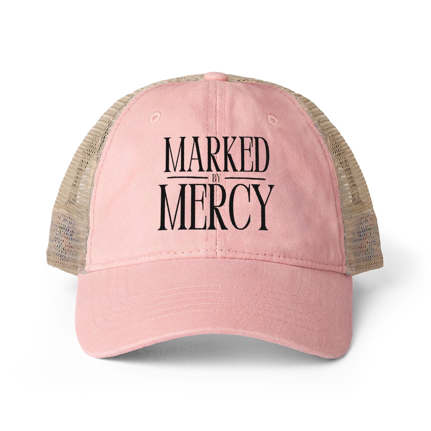 Embroidered Marked by Mercy - Women's Washed Mesh-Back Cap (Black)