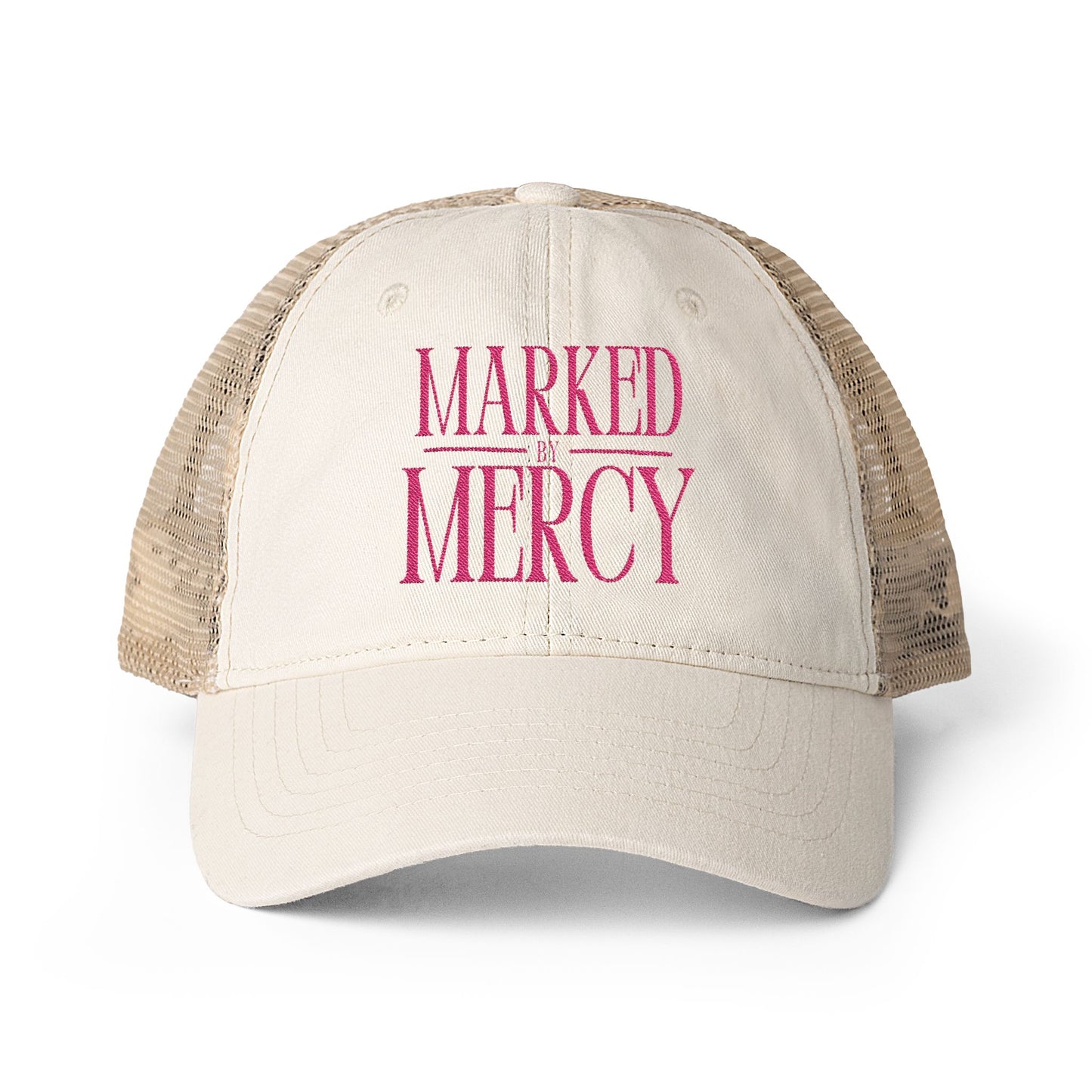 Embroidered Marked by Mercy - Women's Washed Mesh-Back Cap Hot Pink