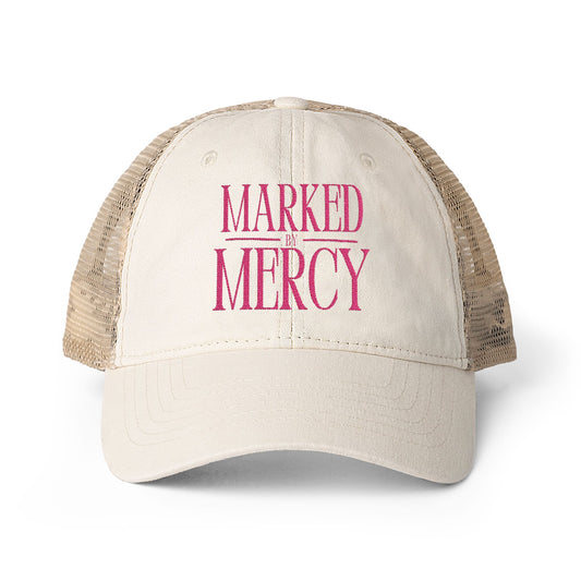 Embroidered Marked by Mercy - Women's Washed Mesh-Back Cap Hot Pink
