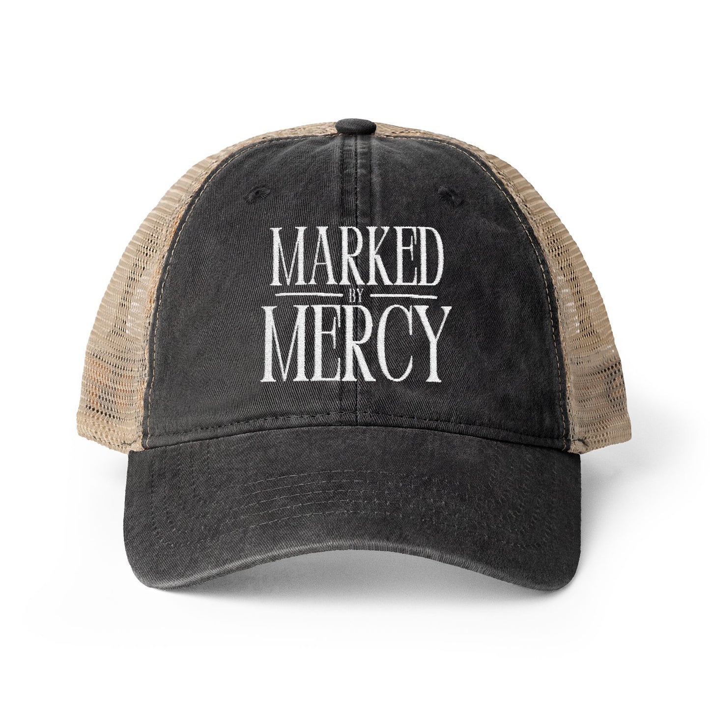 Embroidered Marked by Mercy - Women's Washed Mesh-Back Cap (White)