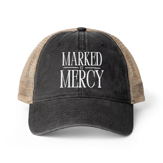 Embroidered Marked by Mercy - Women's Washed Mesh-Back Cap (White)