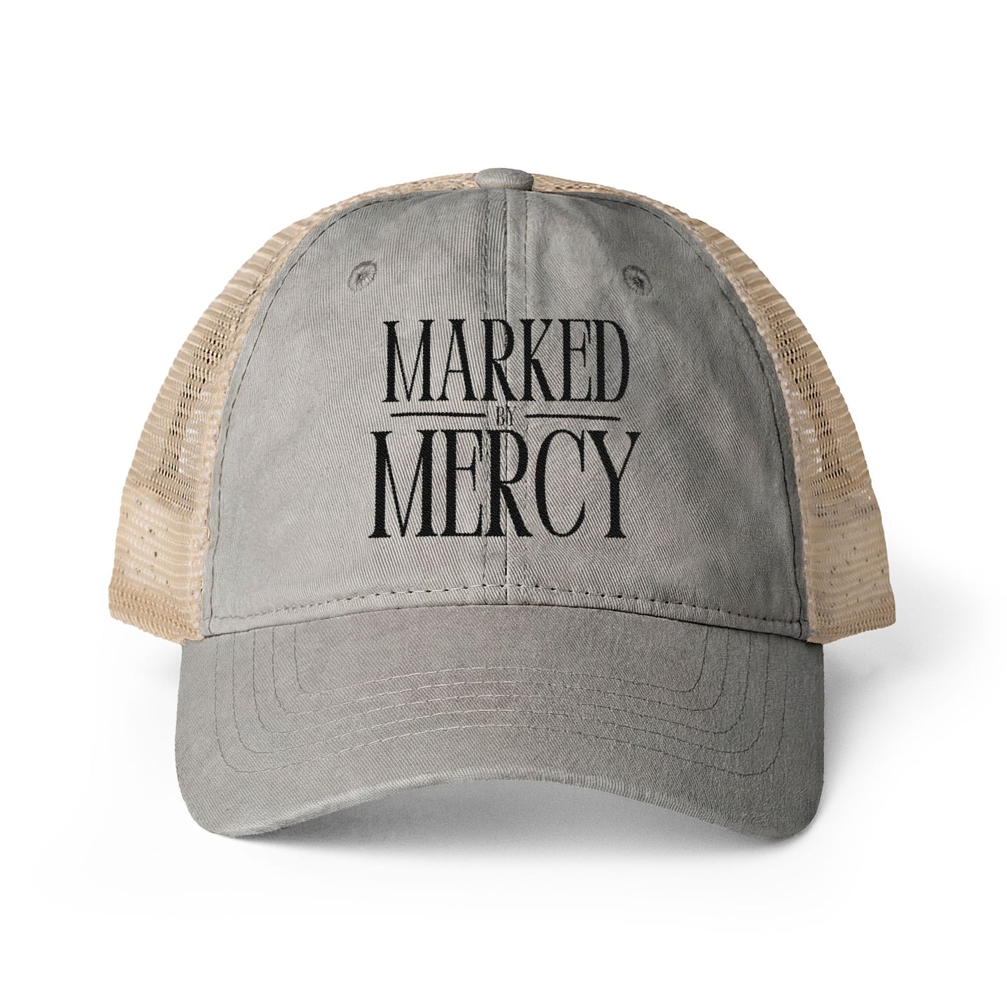 Embroidered Marked by Mercy - Women's Washed Mesh-Back Cap (Black)