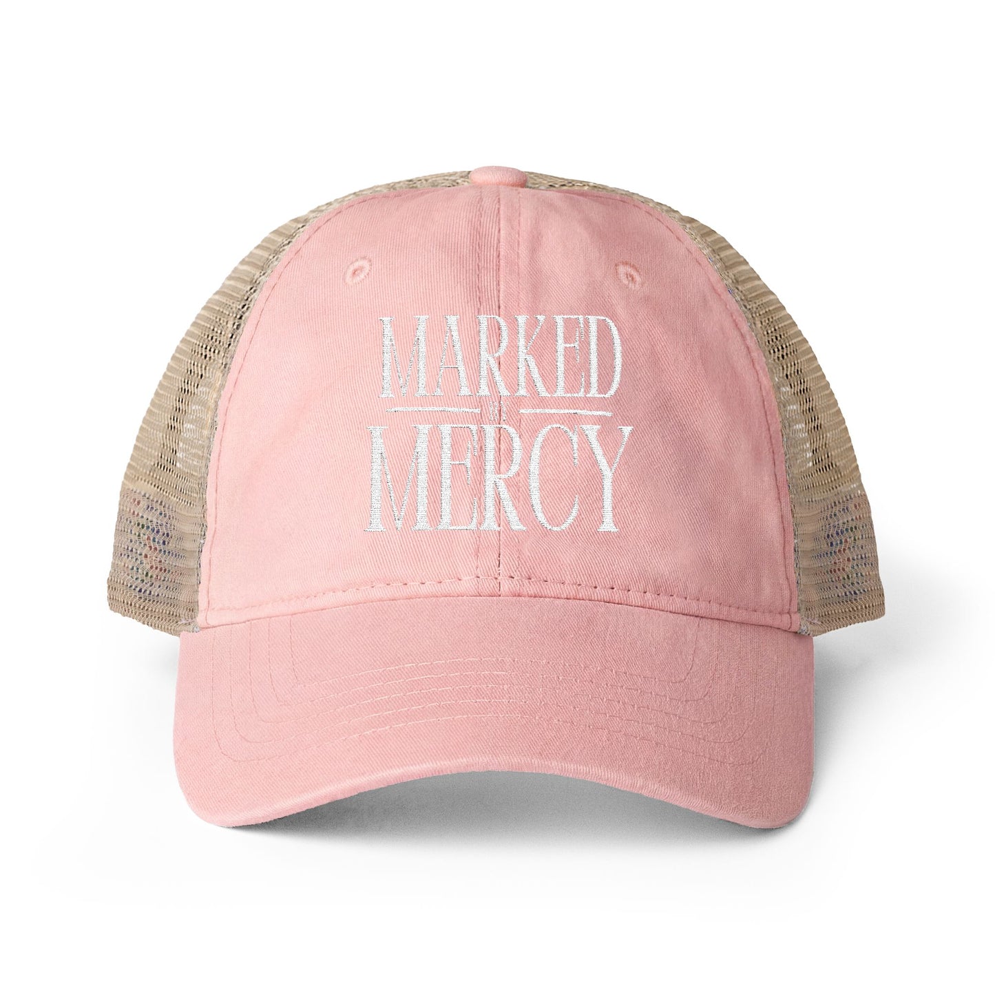 Embroidered Marked by Mercy - Women's Washed Mesh-Back Cap (White)