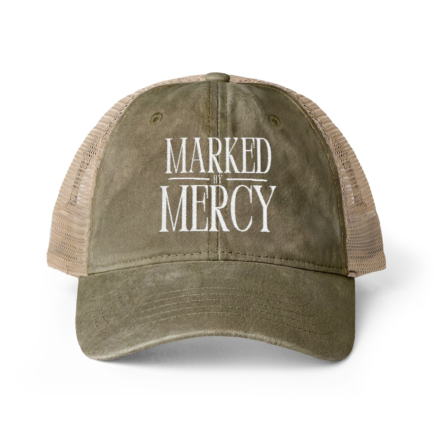 Embroidered Marked by Mercy - Women's Washed Mesh-Back Cap (White)