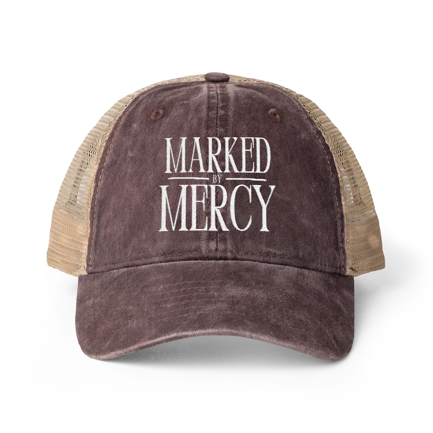 Embroidered Marked by Mercy - Women's Washed Mesh-Back Cap (White)
