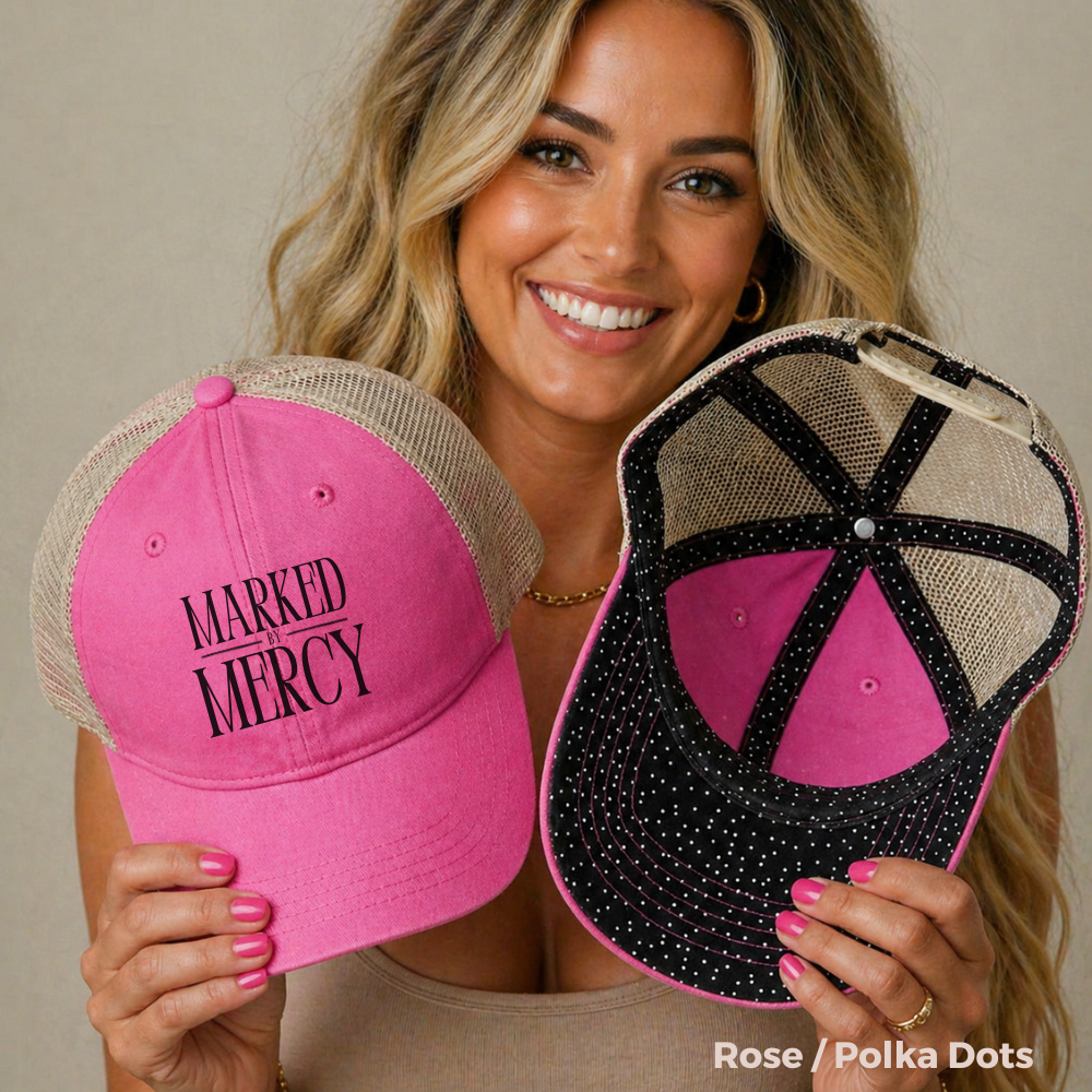 Embroidered Marked by Mercy - Women's Washed Mesh-Back Cap (Black)