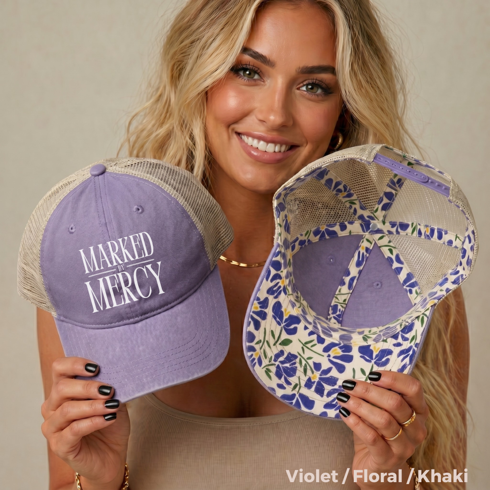 Embroidered Marked by Mercy - Women's Washed Mesh-Back Cap (White)