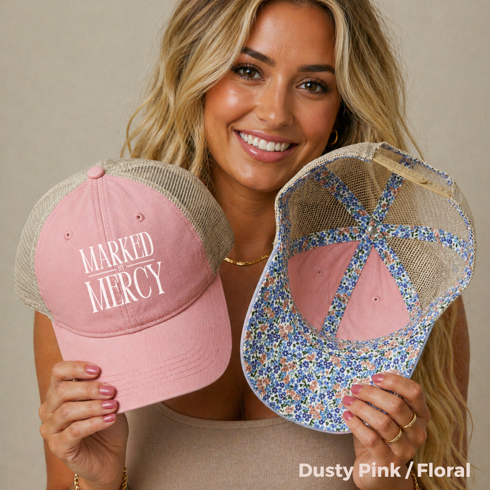 Embroidered Marked by Mercy - Women's Washed Mesh-Back Cap (White)