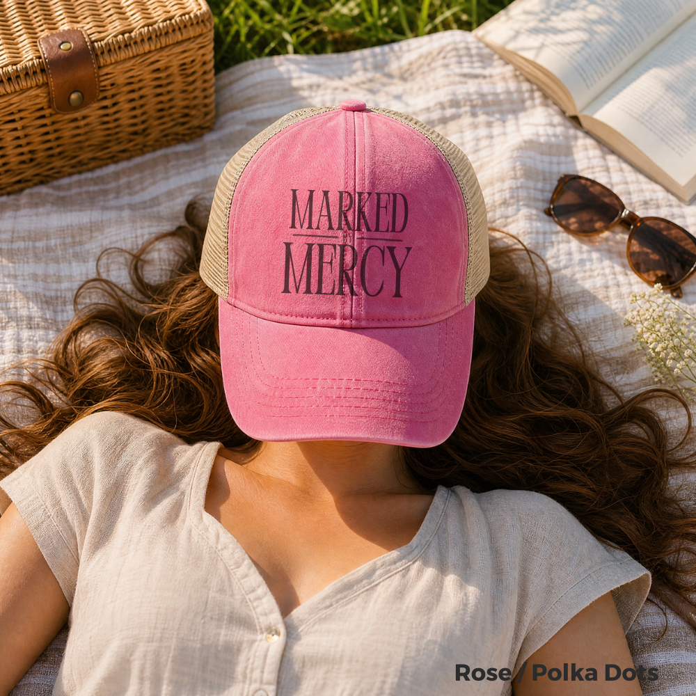 Embroidered Marked by Mercy - Women's Washed Mesh-Back Cap (Black)
