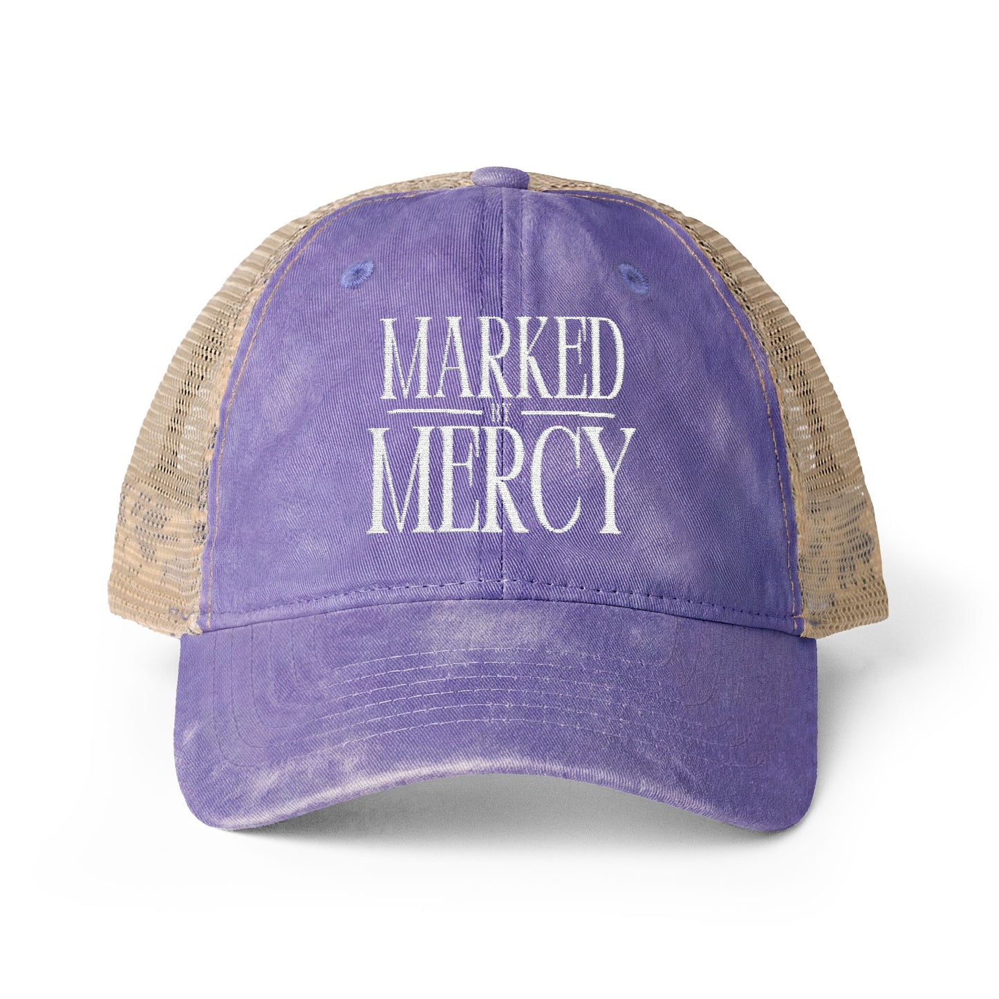 Embroidered Marked by Mercy - Women's Washed Mesh-Back Cap (White)
