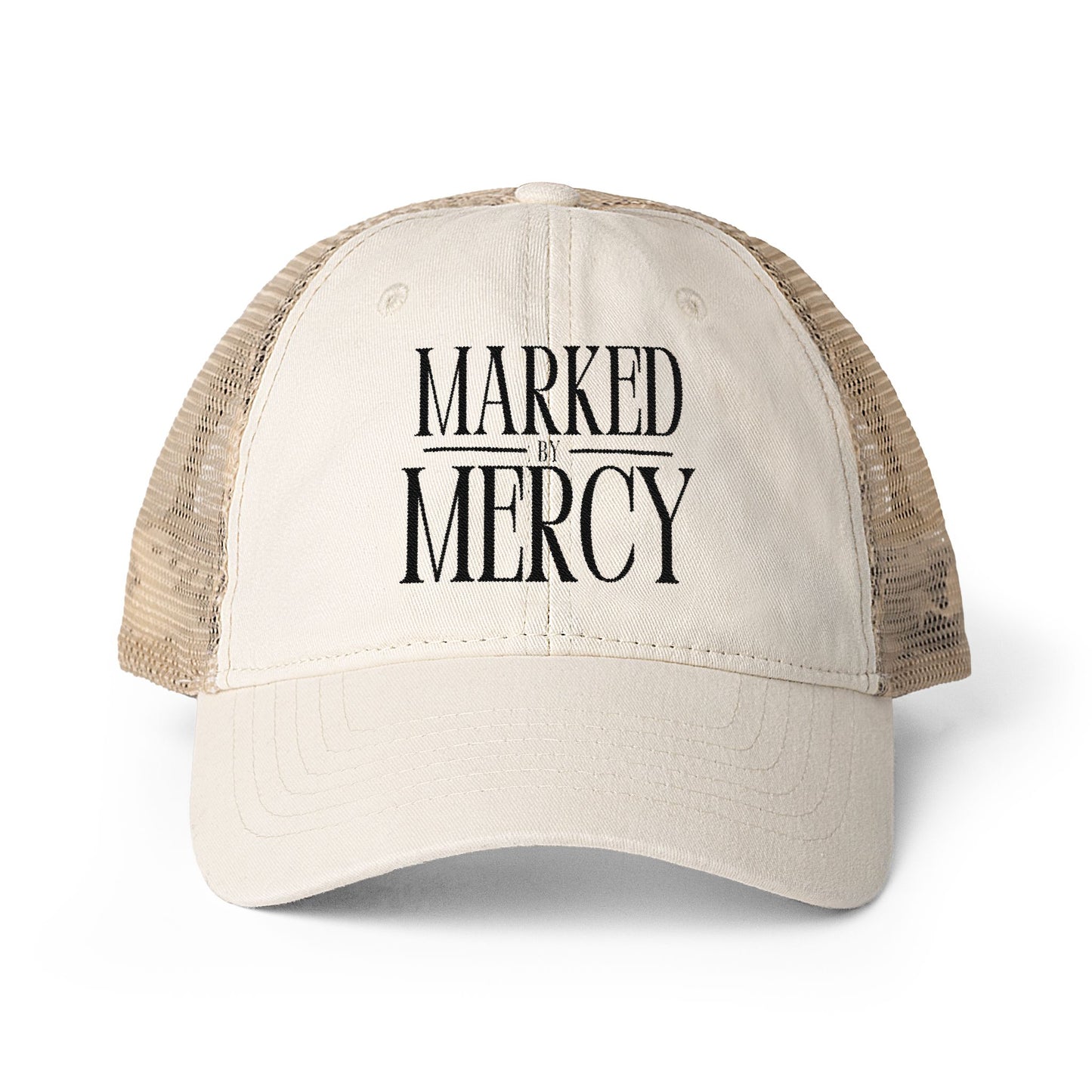Embroidered Marked by Mercy - Women's Washed Mesh-Back Cap (Black)