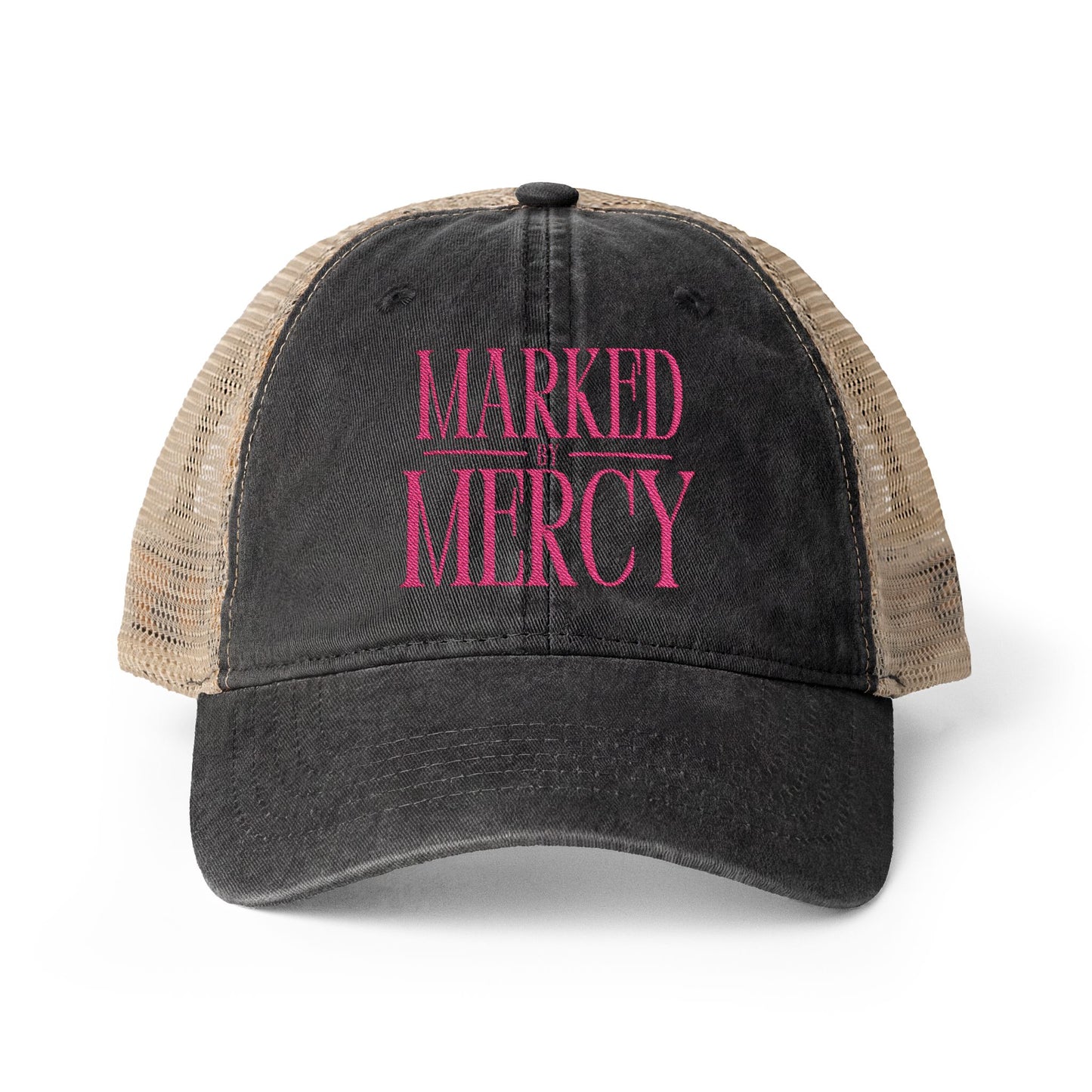 Embroidered Marked by Mercy - Women's Washed Mesh-Back Cap Hot Pink
