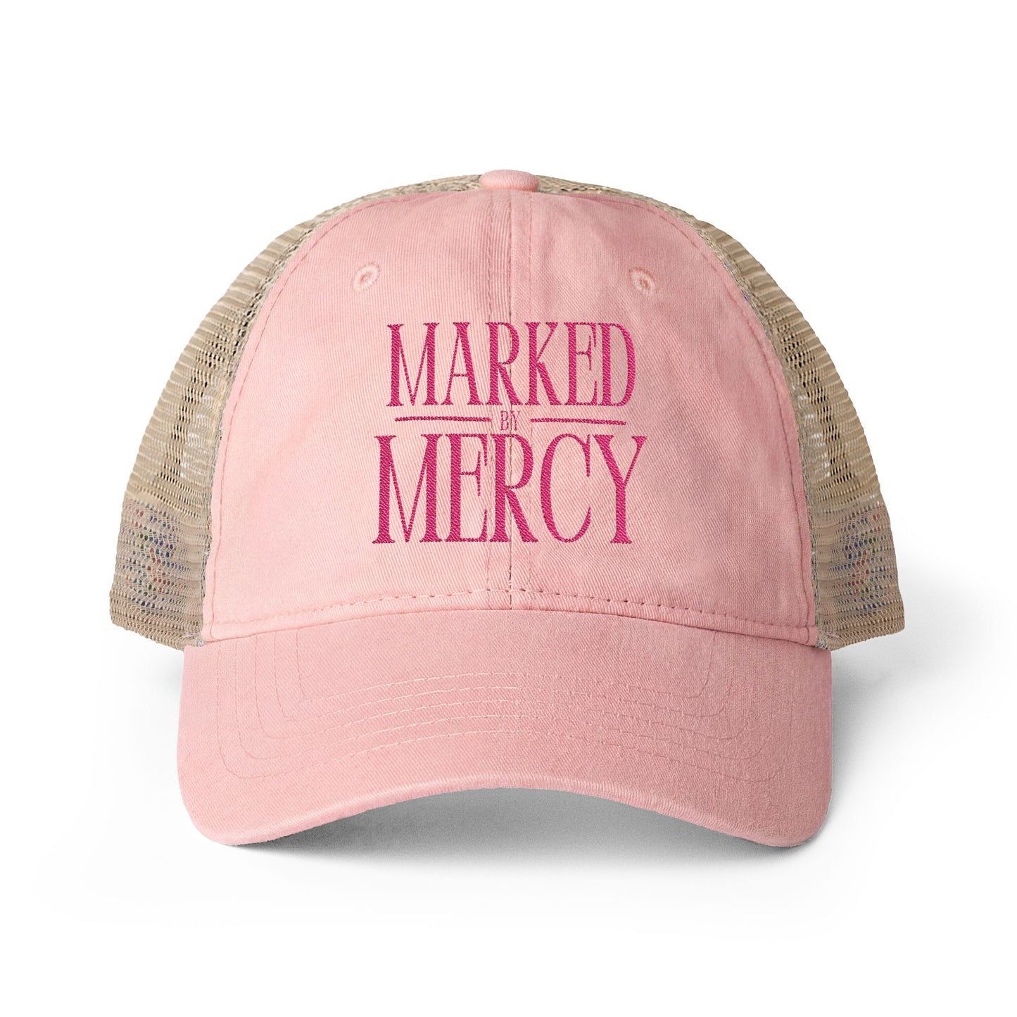 Embroidered Marked by Mercy - Women's Washed Mesh-Back Cap Hot Pink