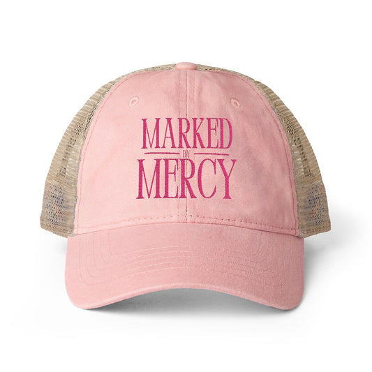 Embroidered Marked by Mercy - Women's Washed Mesh-Back Cap Hot Pink