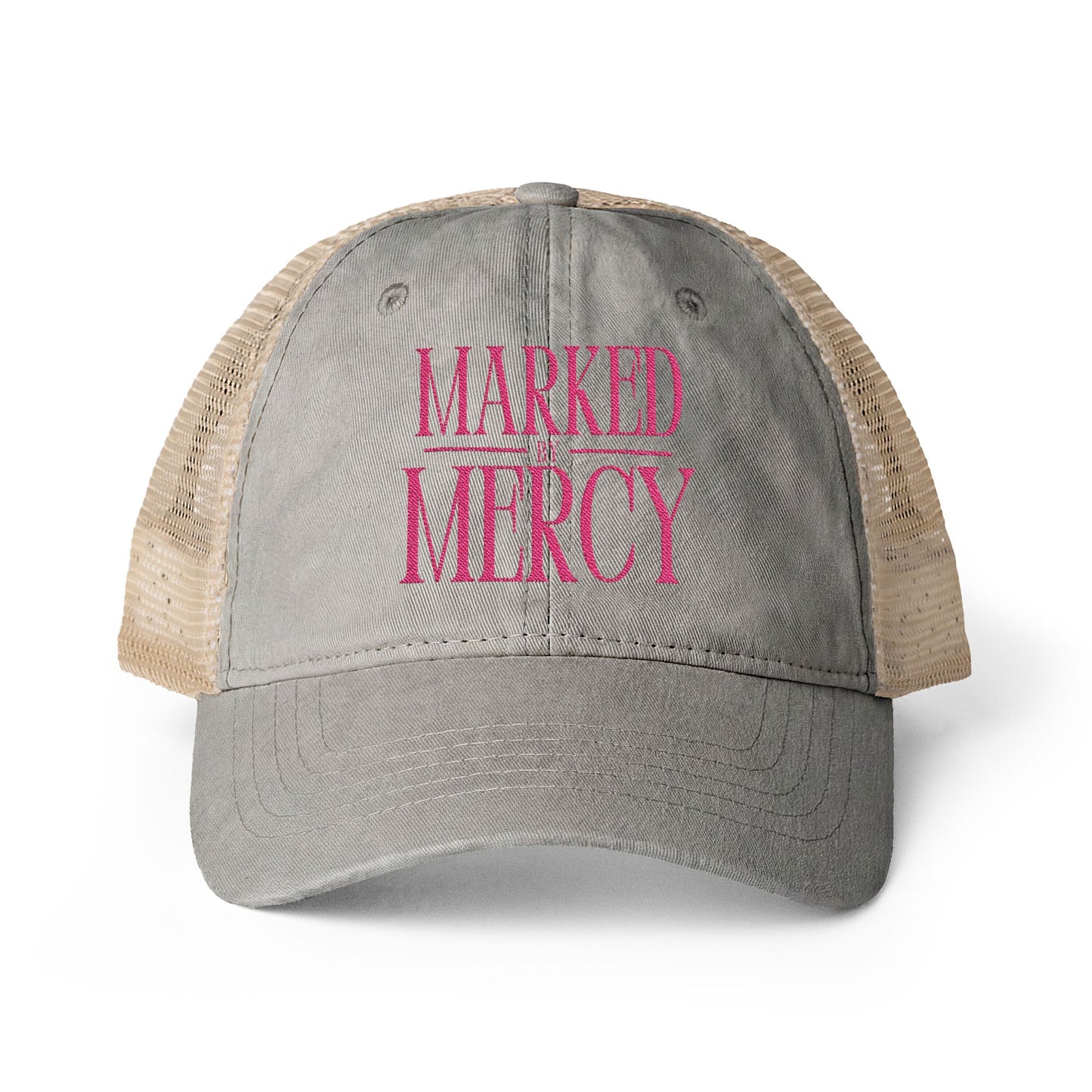 Embroidered Marked by Mercy - Women's Washed Mesh-Back Cap Hot Pink